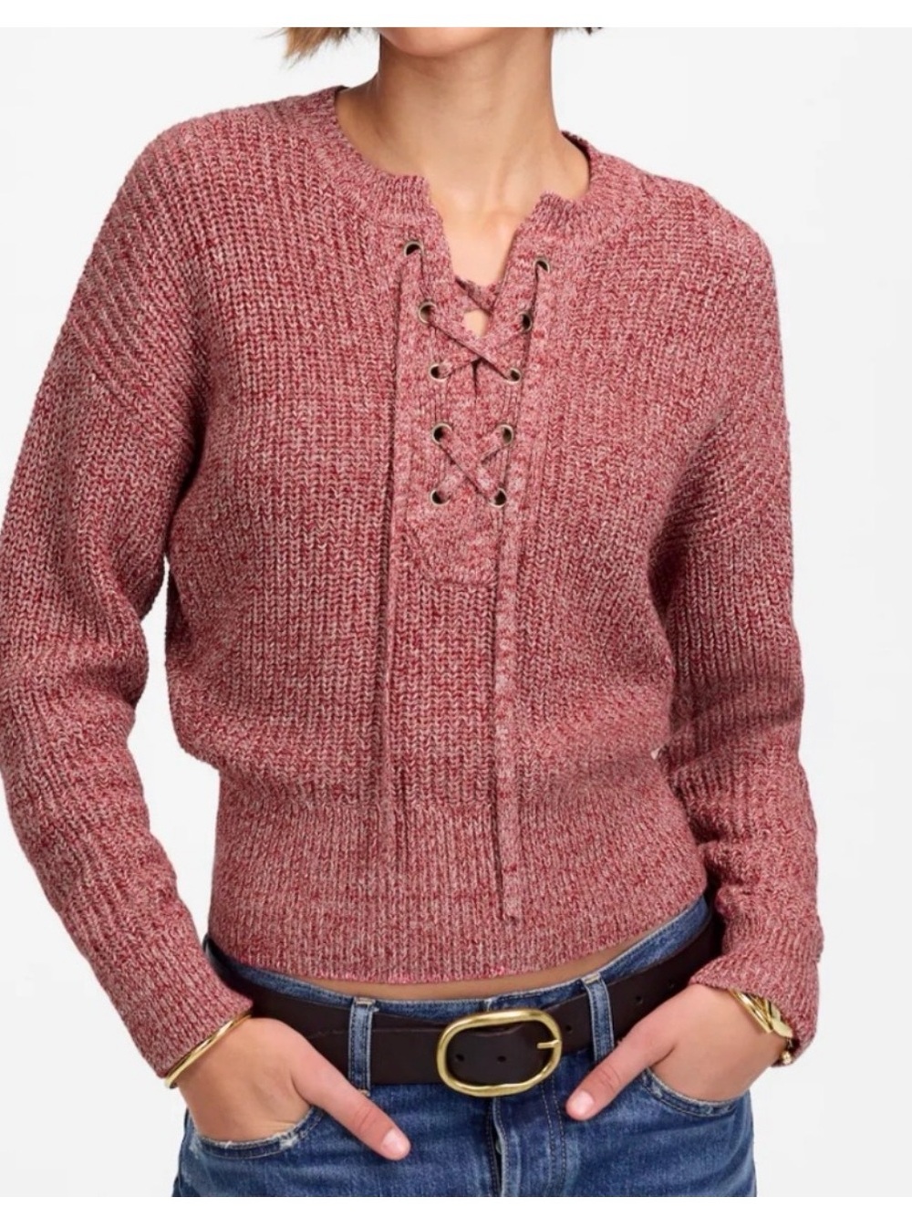 Madewell Lace-Up Knit Sweater in Dusty Rose NWT Small